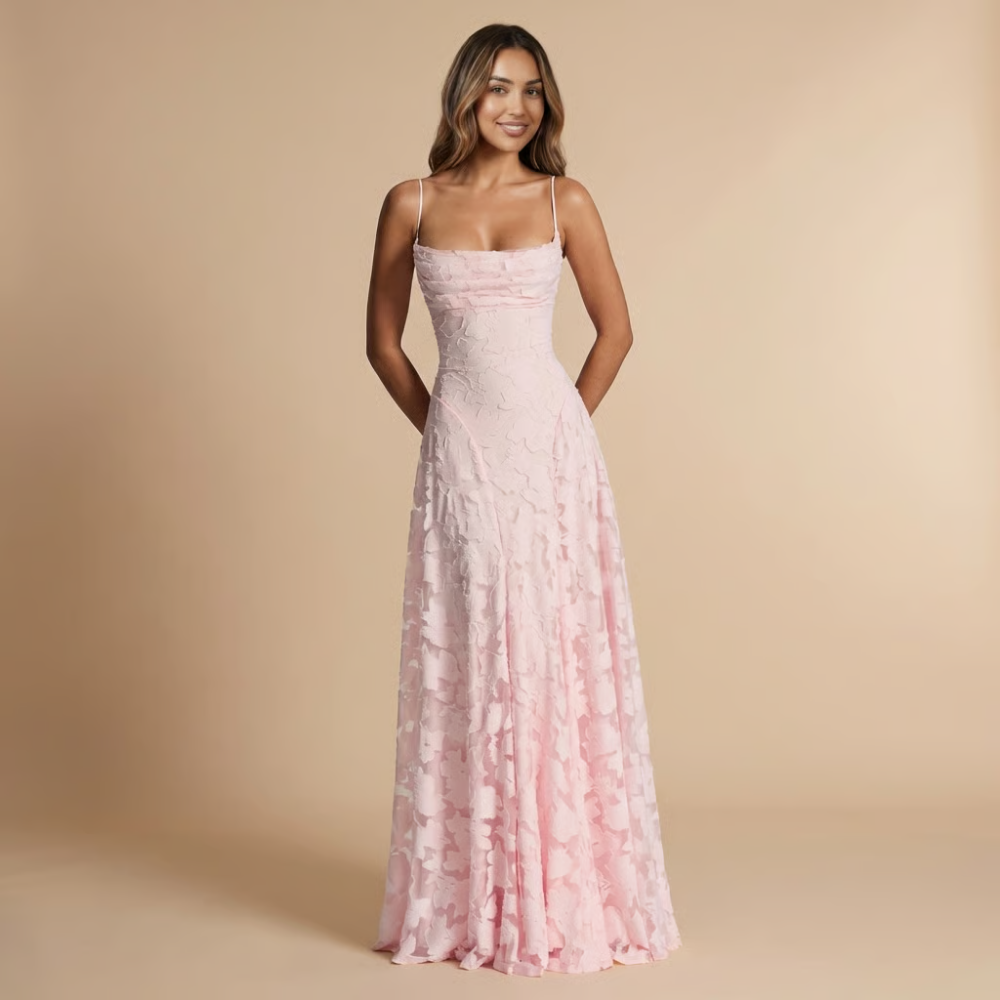 Haselnuss | Damen Hochzeitsgast Floral Spitze Maxi Kleid Spaghetti-Träger