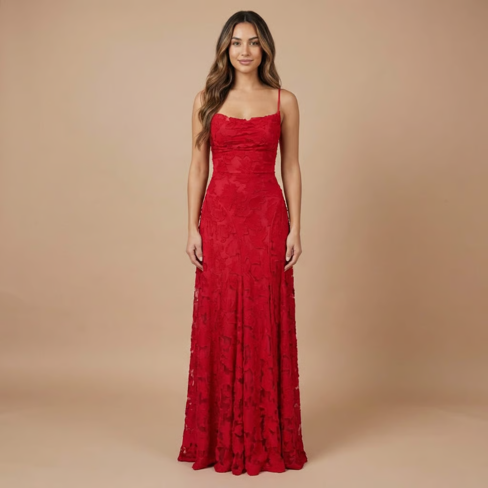 Haselnuss | Damen Hochzeitsgast Floral Spitze Maxi Kleid Spaghetti-Träger
