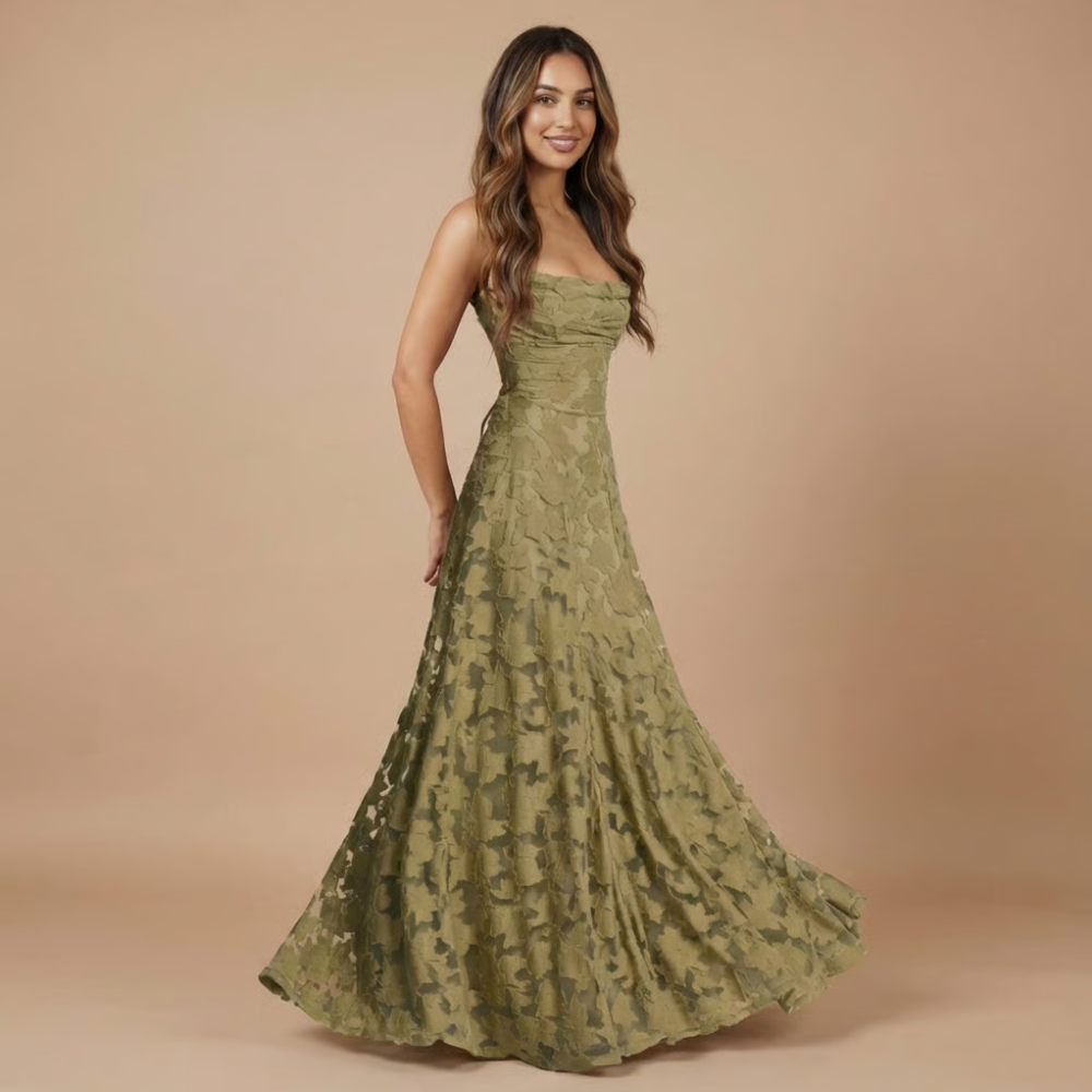 Haselnuss | Damen Hochzeitsgast Floral Spitze Maxi Kleid Spaghetti-Träger