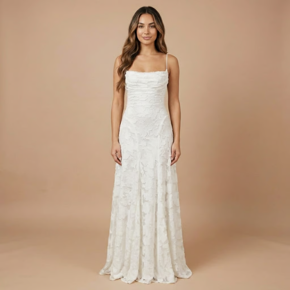 Haselnuss | Damen Hochzeitsgast Floral Spitze Maxi Kleid Spaghetti-Träger