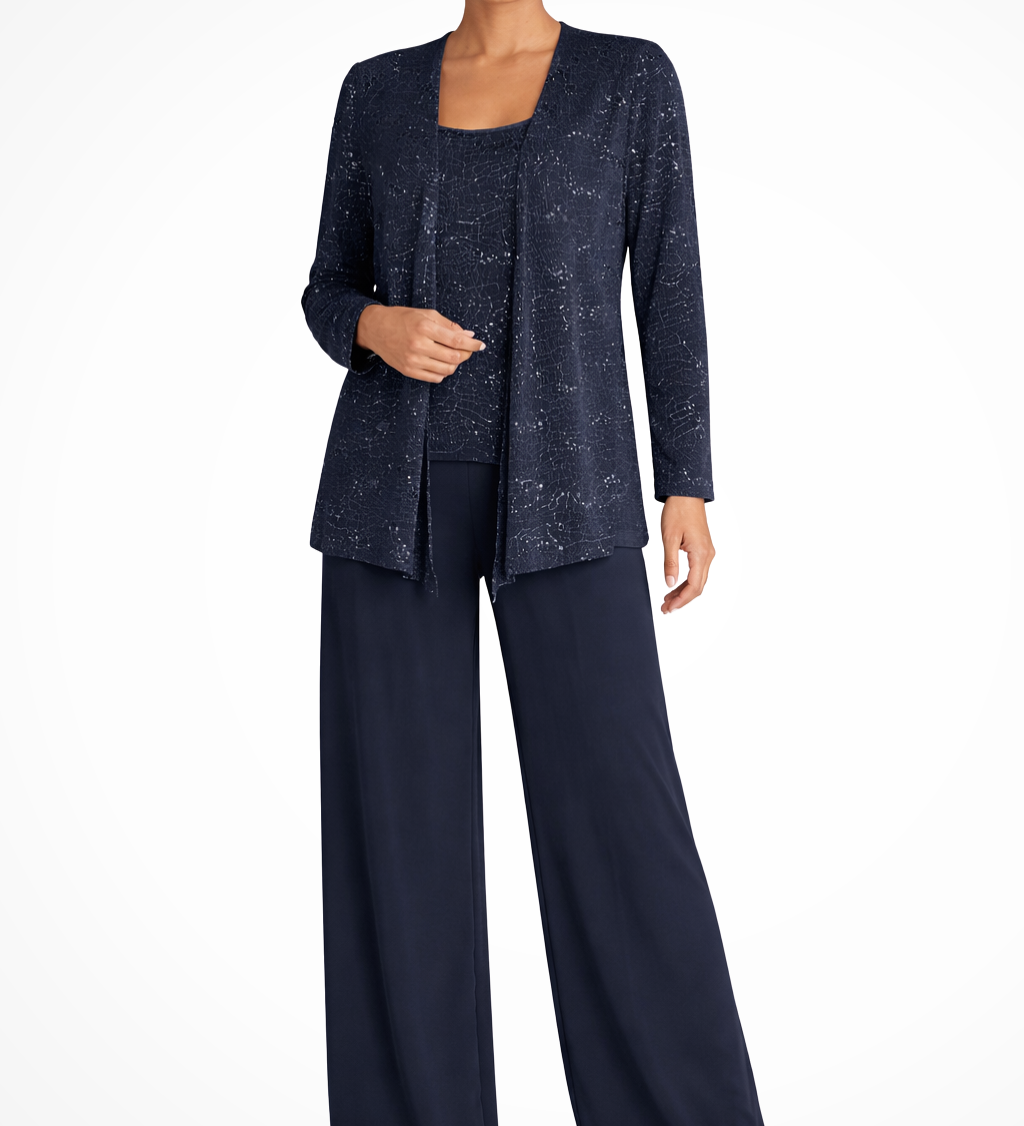 Miriam | Damen Pailletten-Spitzenjacke Drei-Teile Weitbeiniger Hochzeitsgastanzug