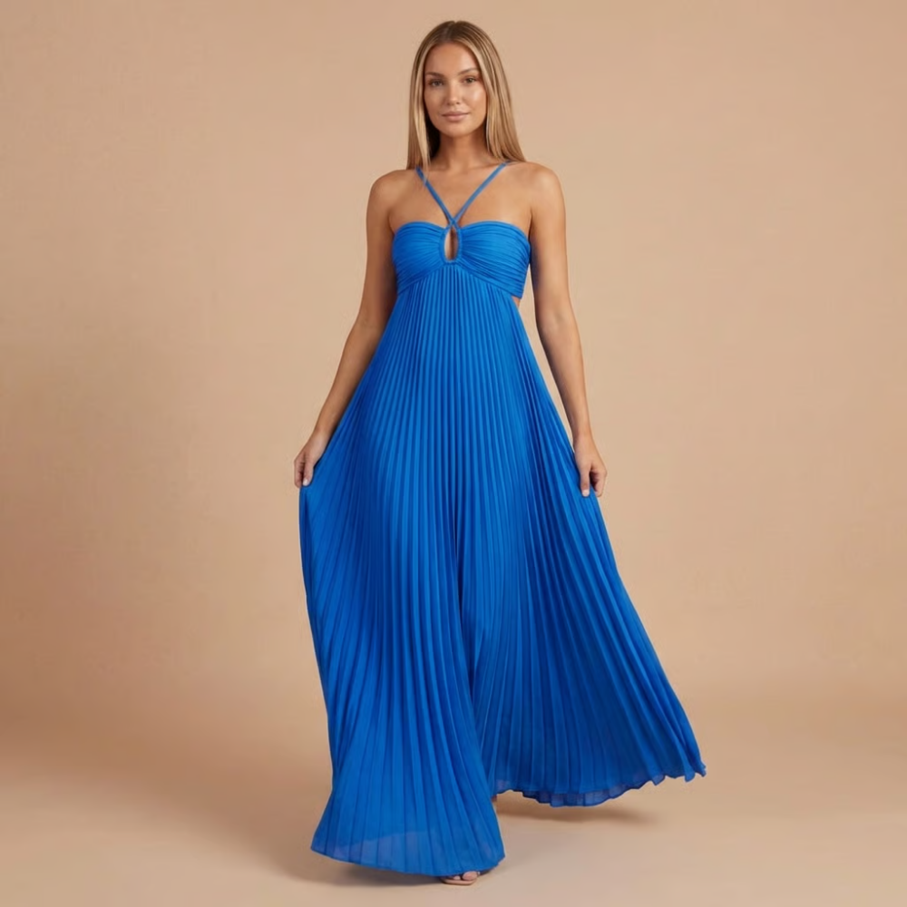 Claire | Maxikleid für Hochzeitsgäste mit Falten und Halterneck