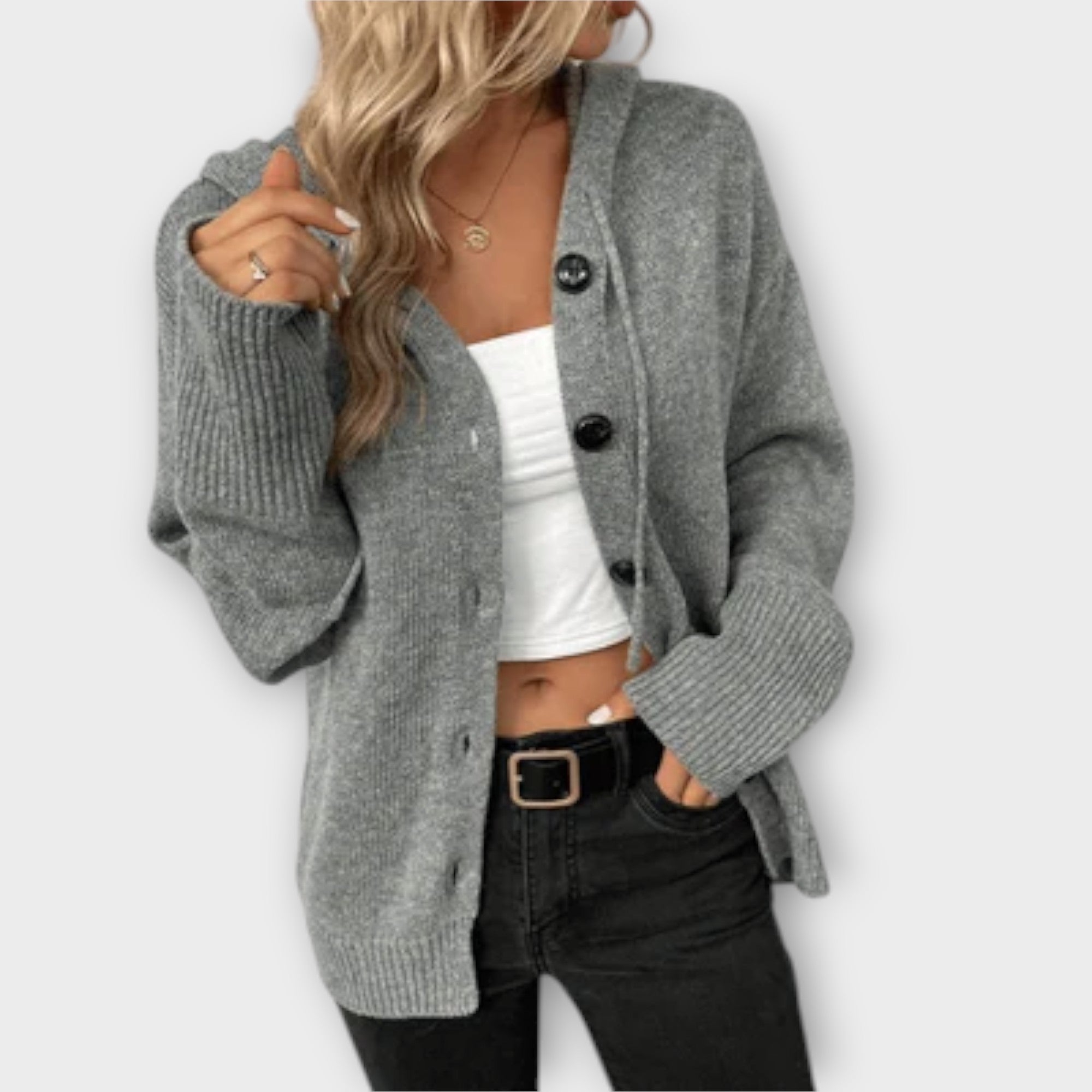 Veronika | Stilvoller Strickcardigan mit Kapuze und Knöpfen