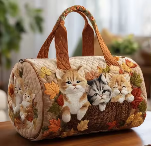 Handgefertigte Reisetasche – Kätzchen im Herbstkorb - Helena & Nina