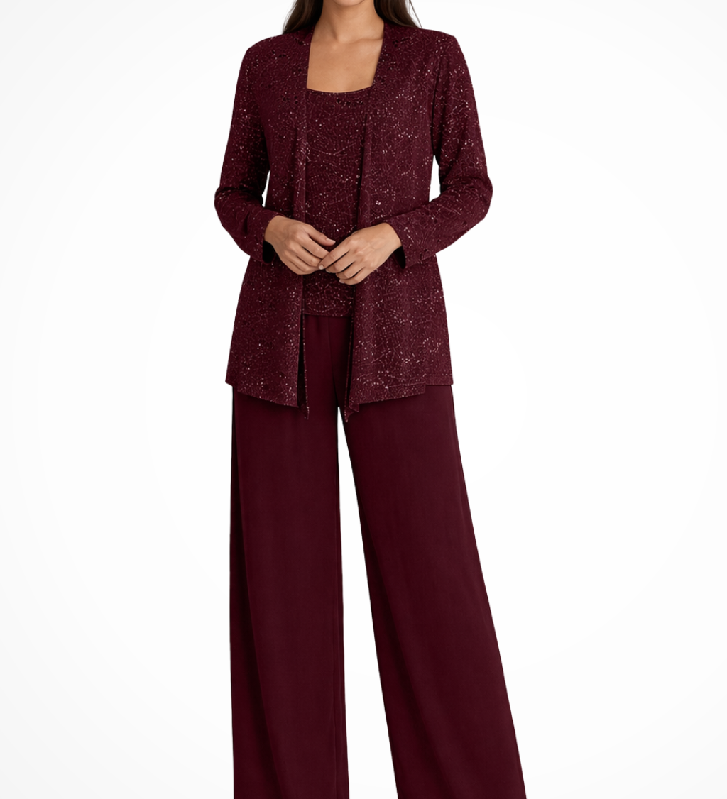 Miriam | Damen Pailletten-Spitzenjacke Drei-Teile Weitbeiniger Hochzeitsgastanzug