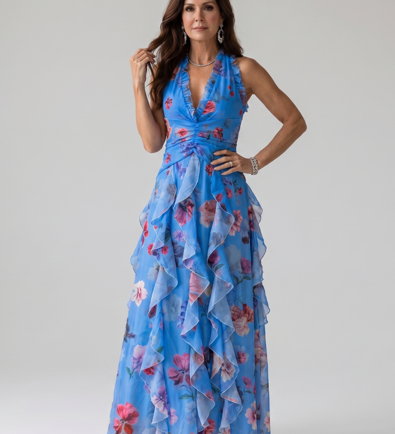 Penelope | Halter Neck Rüschentop Blumenkleid Maxi