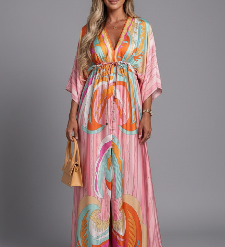 Alice | Damen Maxi-Kleid mit V-Ausschnitt und Bindegürtel