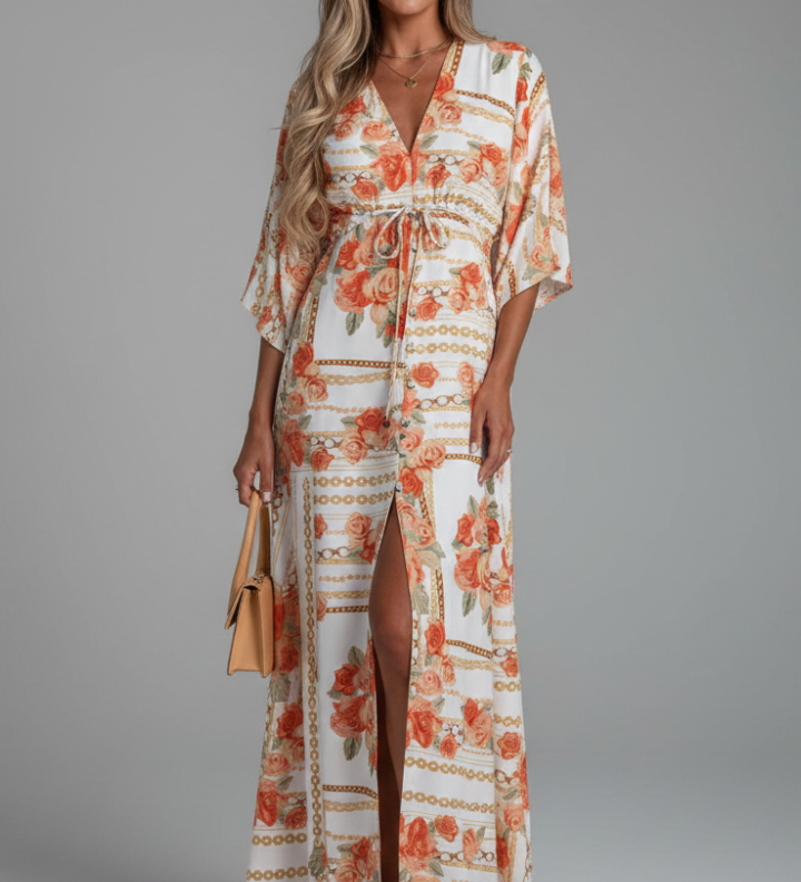 Alice | Damen Maxi-Kleid mit V-Ausschnitt und Bindegürtel
