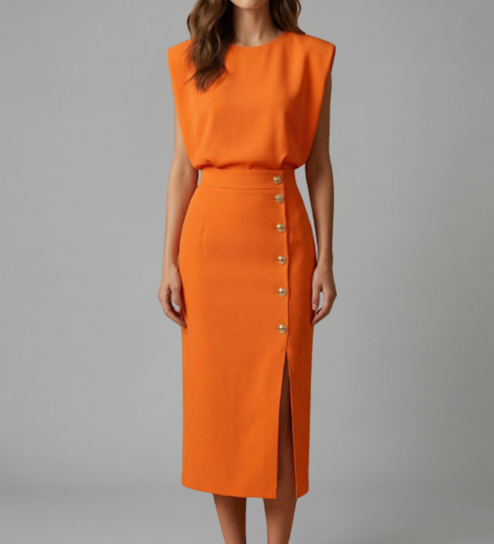 Mohnblume | Damen Midi-Kleid mit Rundhalsausschnitt und Knopf-Schlitz