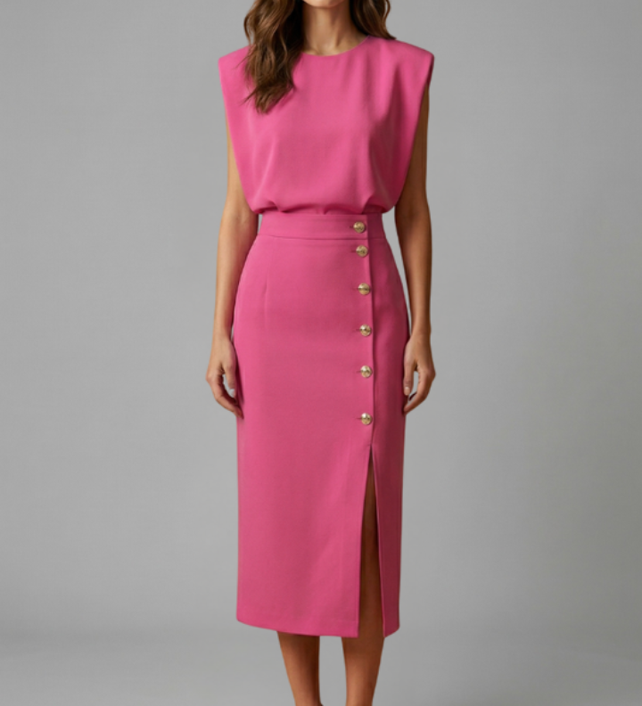 Mohnblume | Damen Midi-Kleid mit Rundhalsausschnitt und Knopf-Schlitz