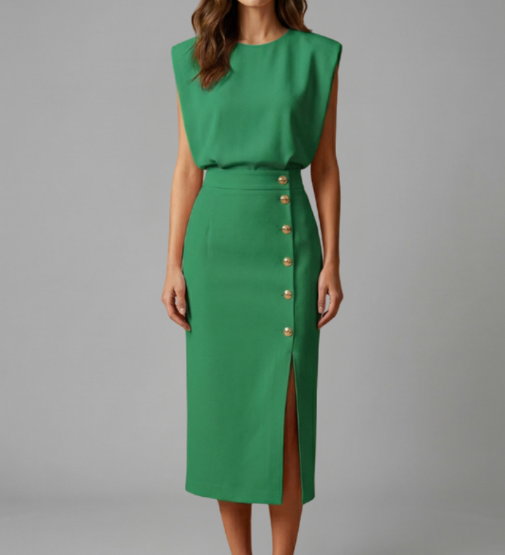 Mohnblume | Damen Midi-Kleid mit Rundhalsausschnitt und Knopf-Schlitz
