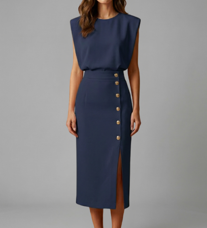 Mohnblume | Damen Midi-Kleid mit Rundhalsausschnitt und Knopf-Schlitz