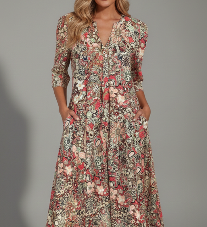 Jane | Damen Midi-Kleid mit V-Ausschnitt und Dreiviertelärmeln