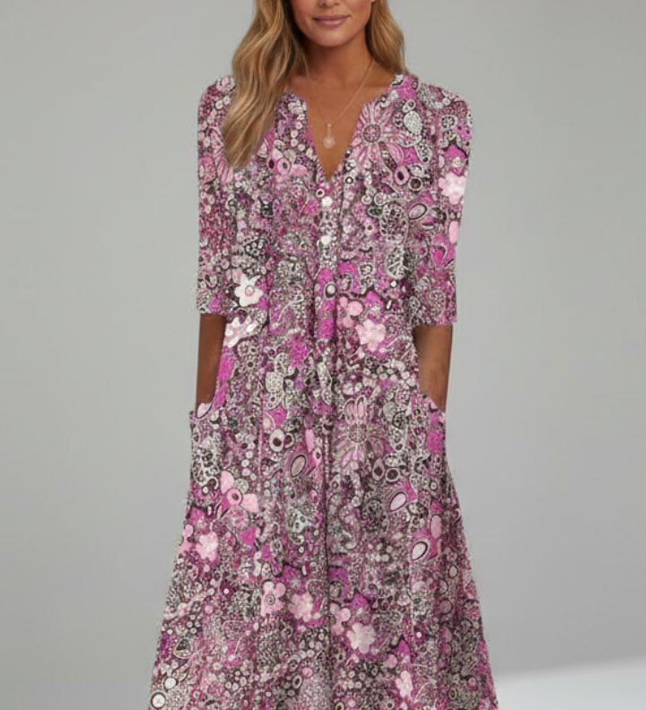 Jane | Damen Midi-Kleid mit V-Ausschnitt und Dreiviertelärmeln